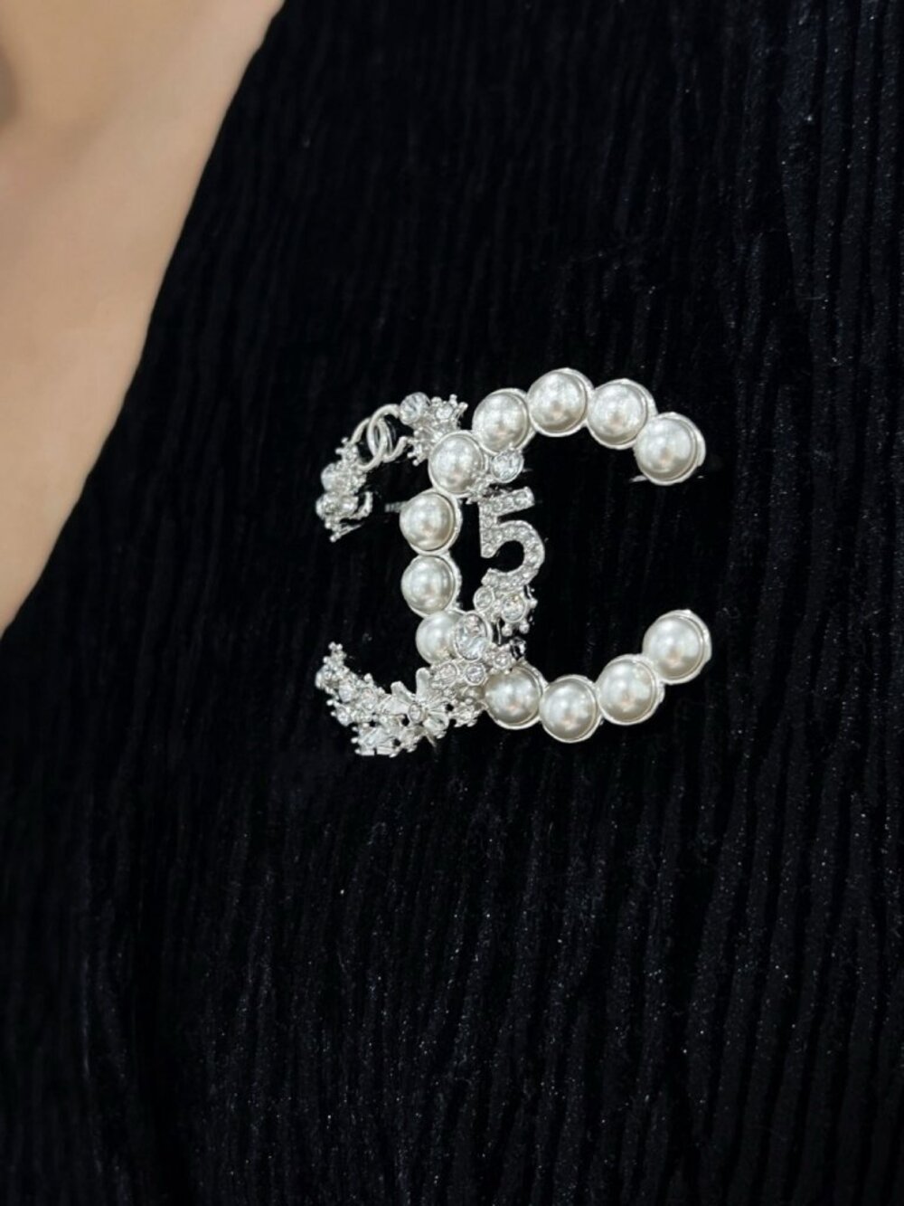 Chanel Silver-Tone Pearl Crystal CC Brooch Pin